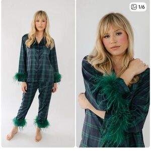 Bon Viviann Plaid Pajama Set with Feather Trim. NWOT
